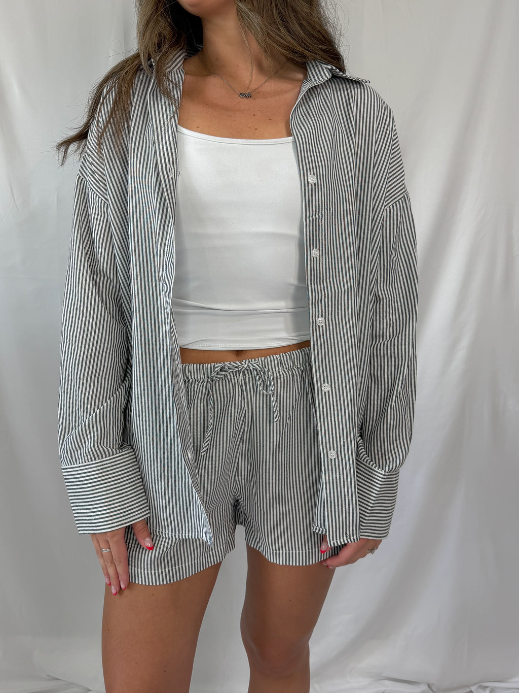 striped linen set - black