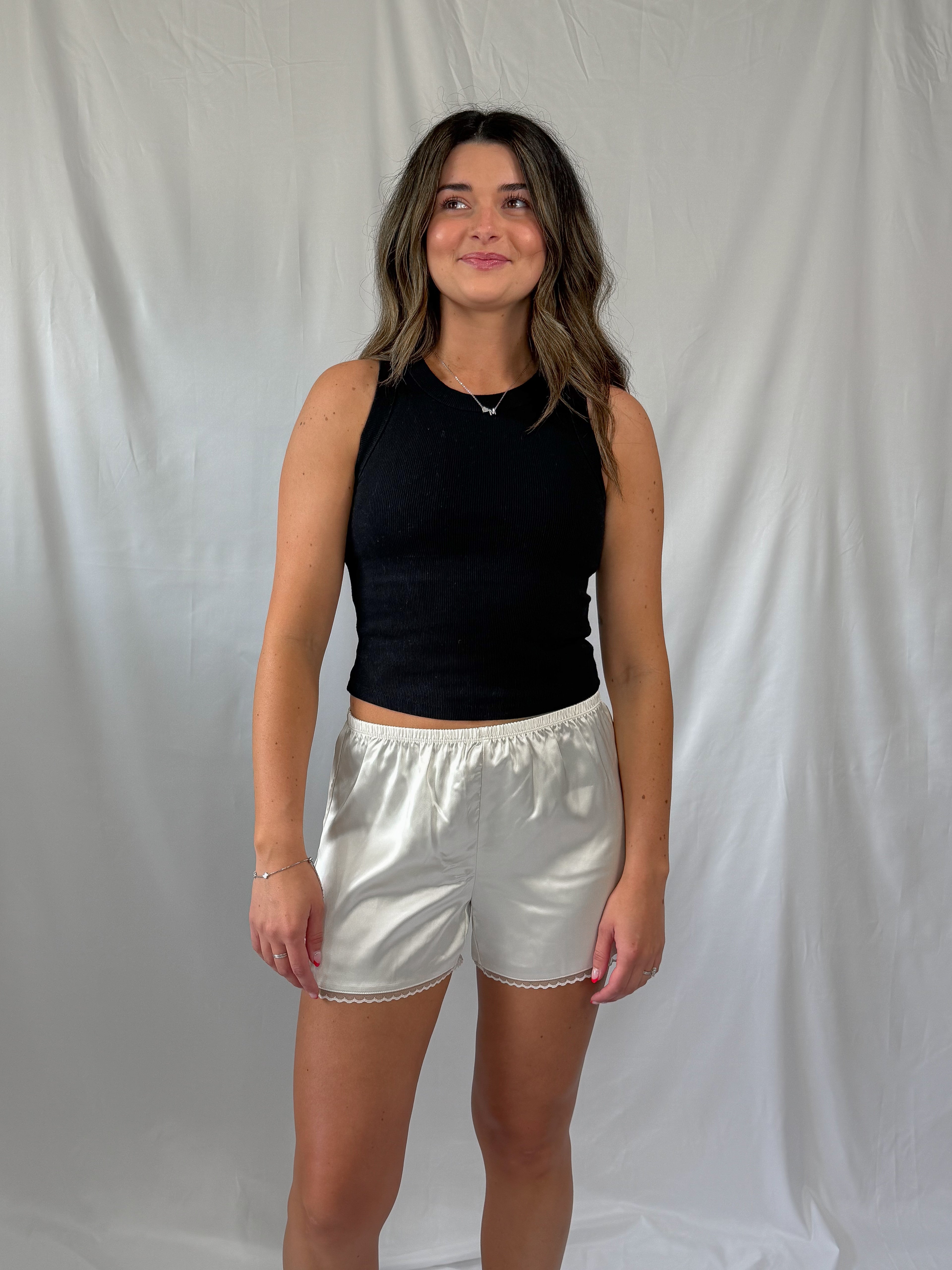 lace trim satin short - cream