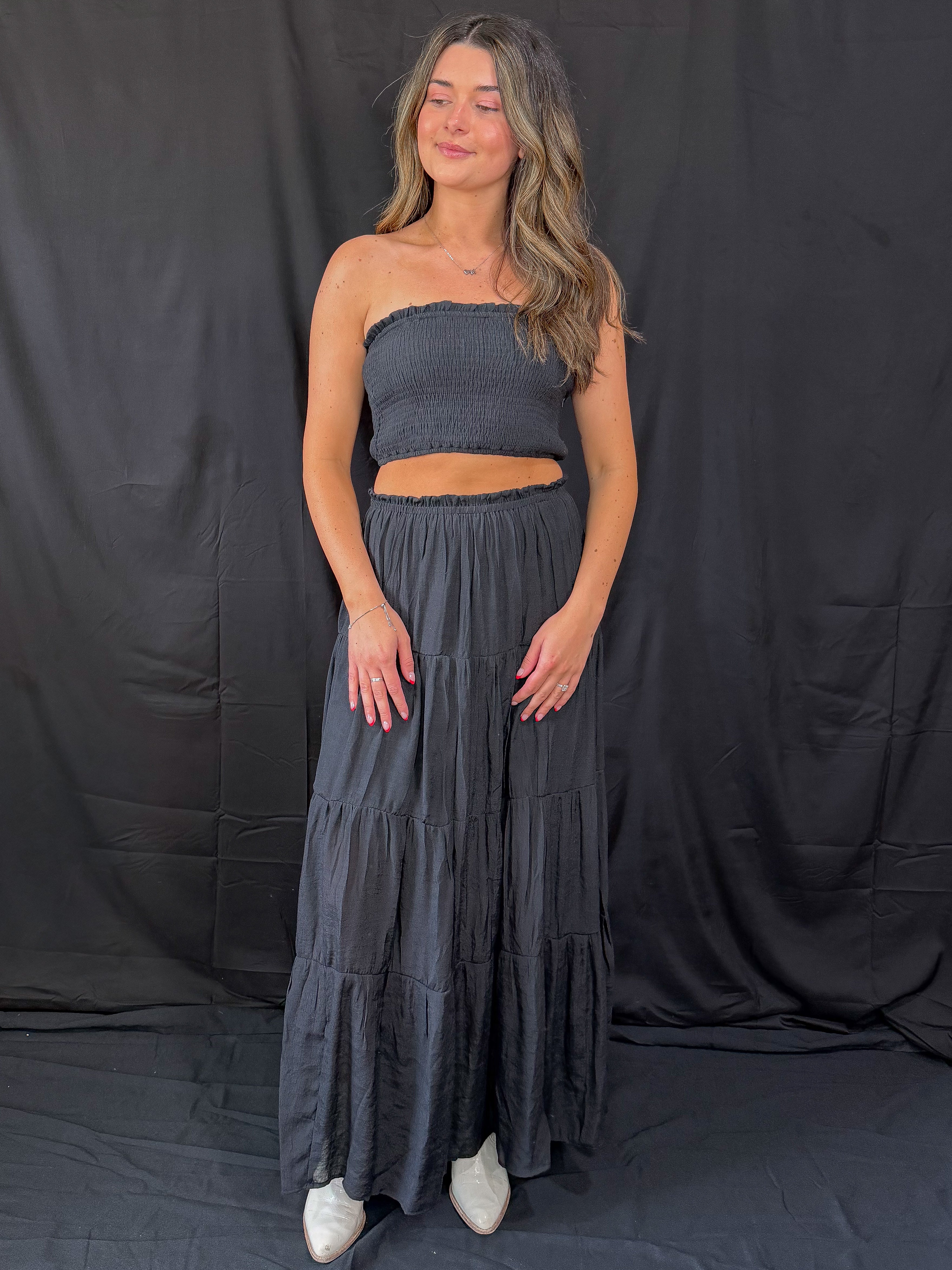 strapless maxi skirt set