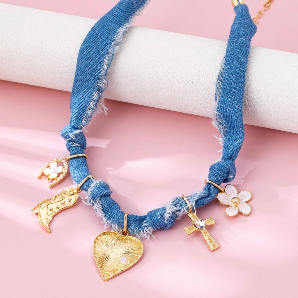 scarf necklace - denim/multi-pendant