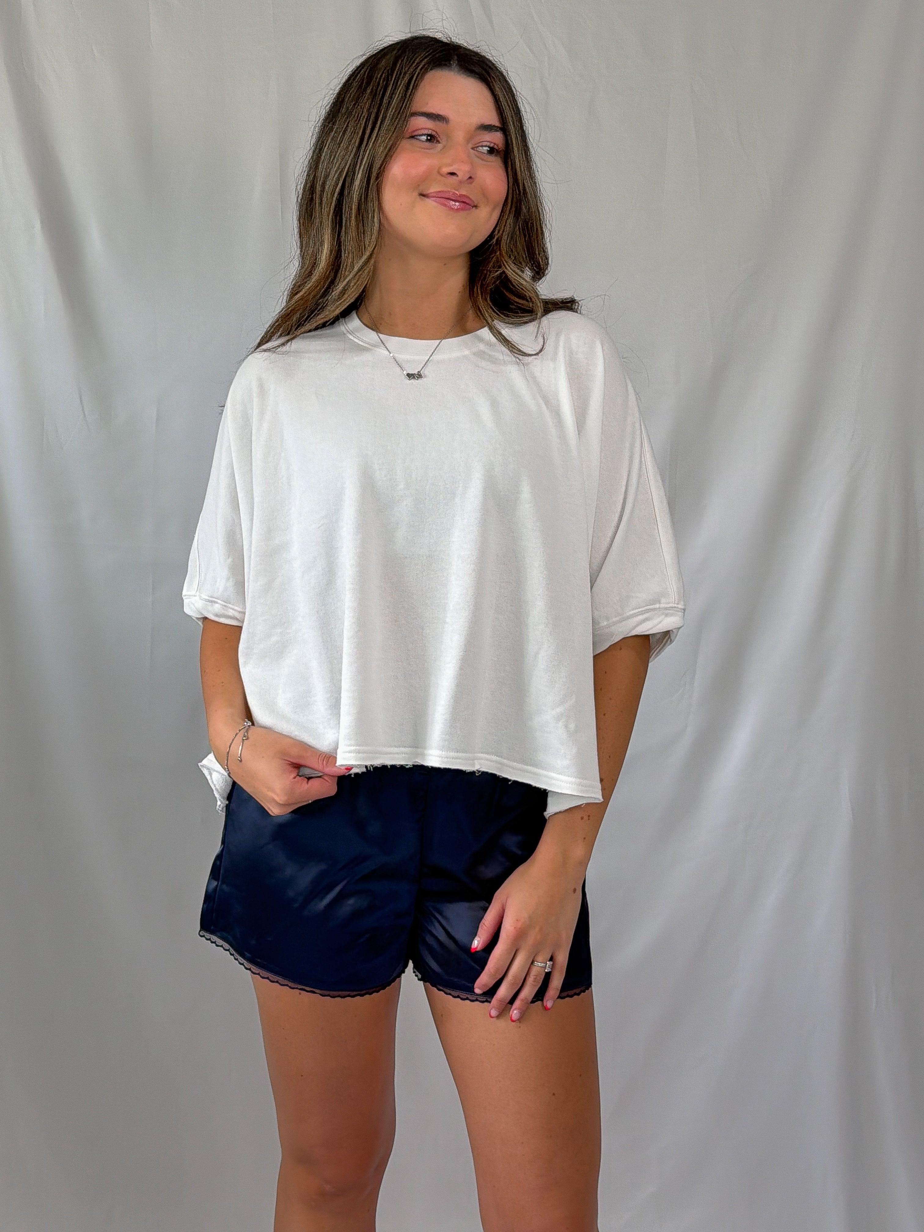 lace trim satin short - navy