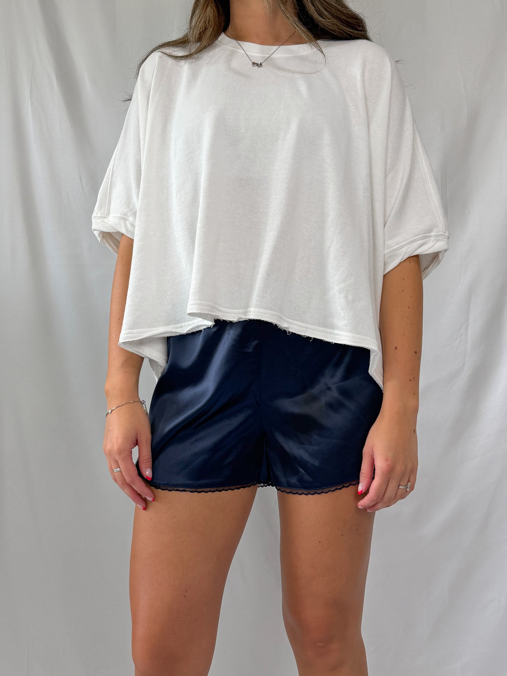 lace trim satin short - navy