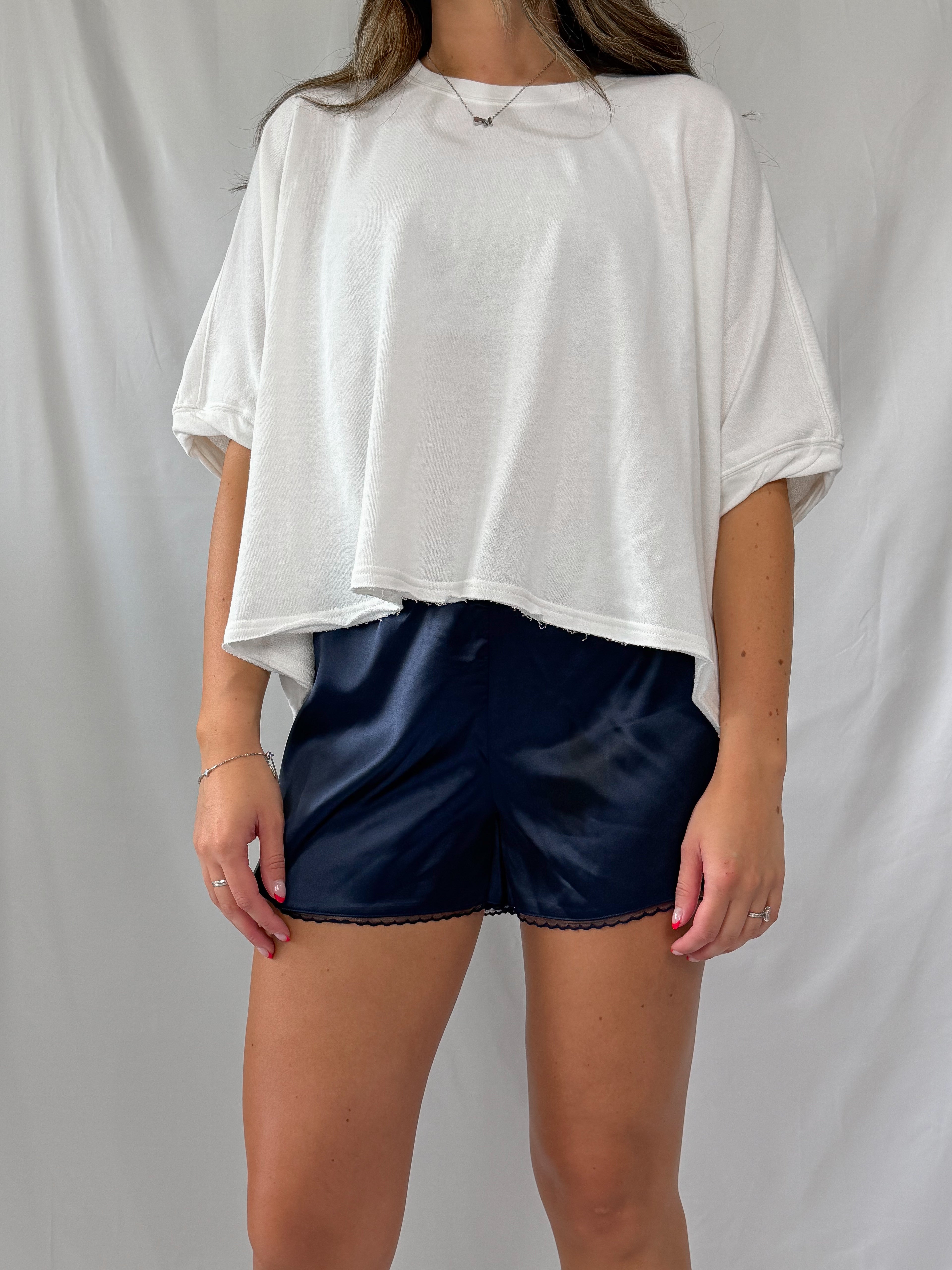 lace trim satin short - navy