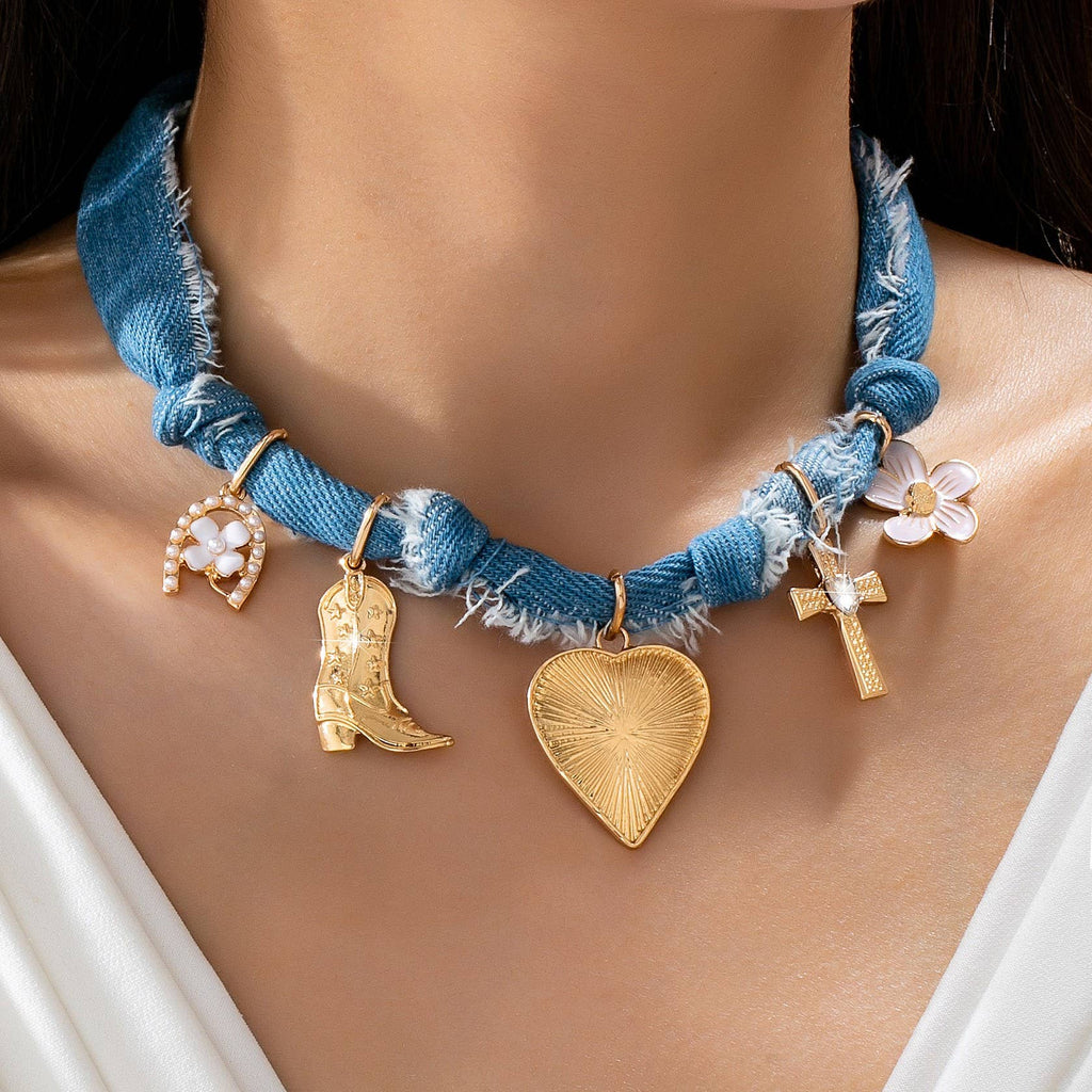 scarf necklace - denim/multi-pendant