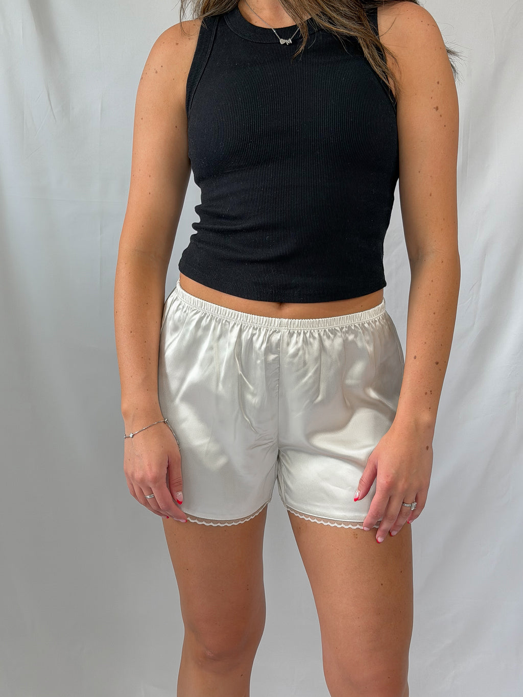 lace trim satin short - cream