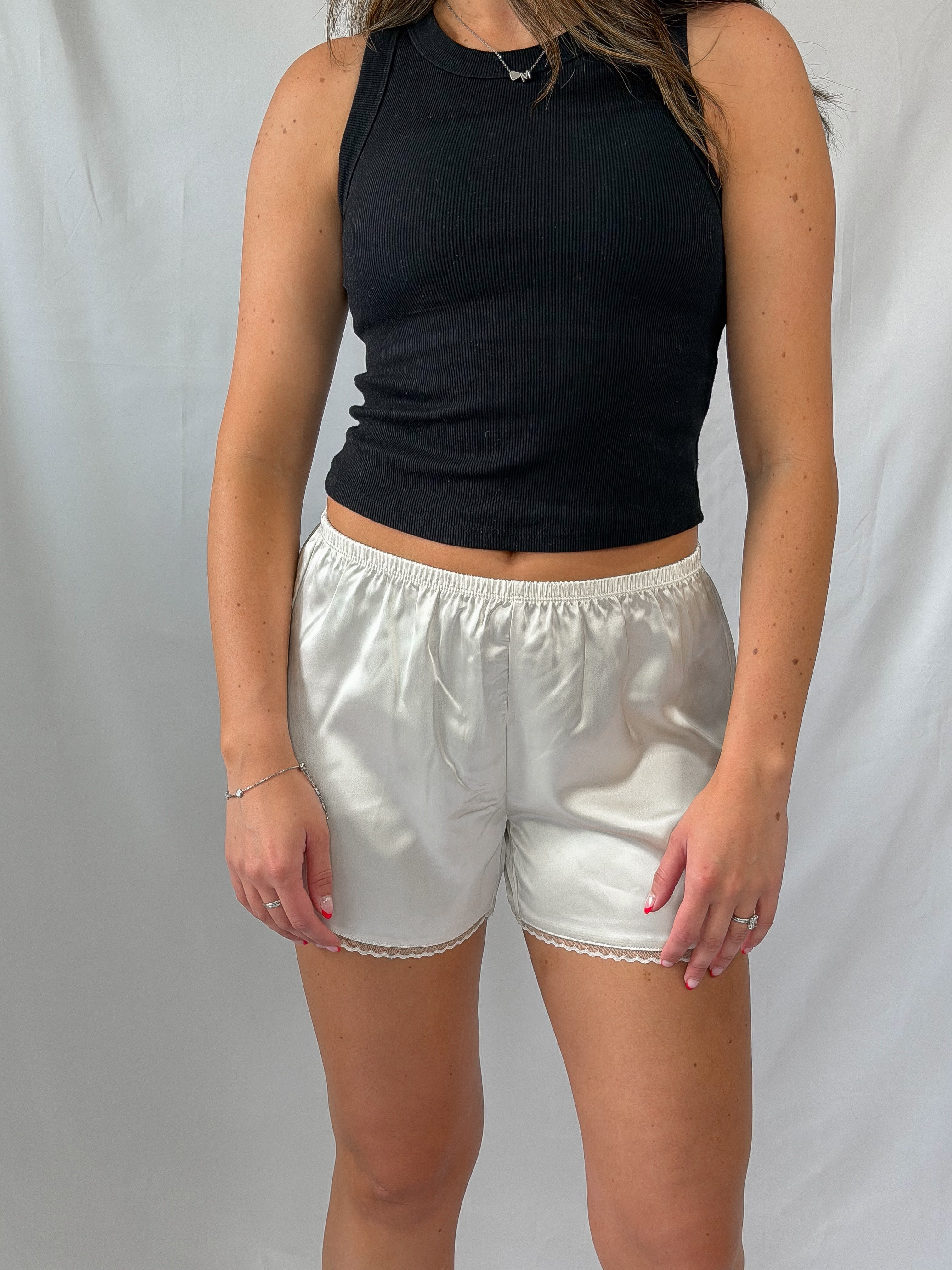 lace trim satin short - cream