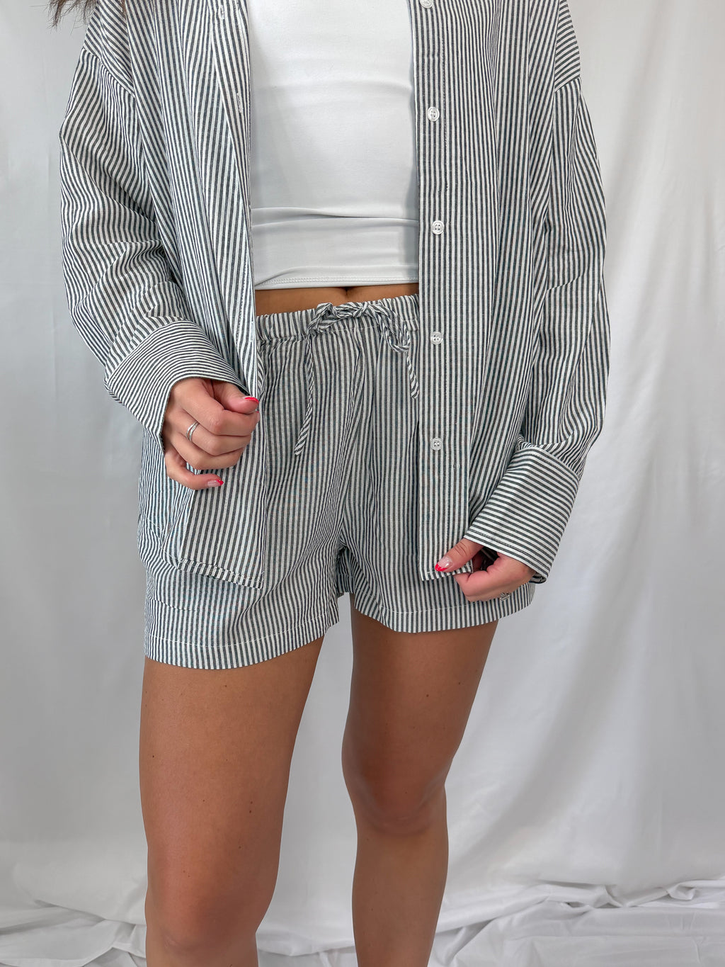 striped linen set - black