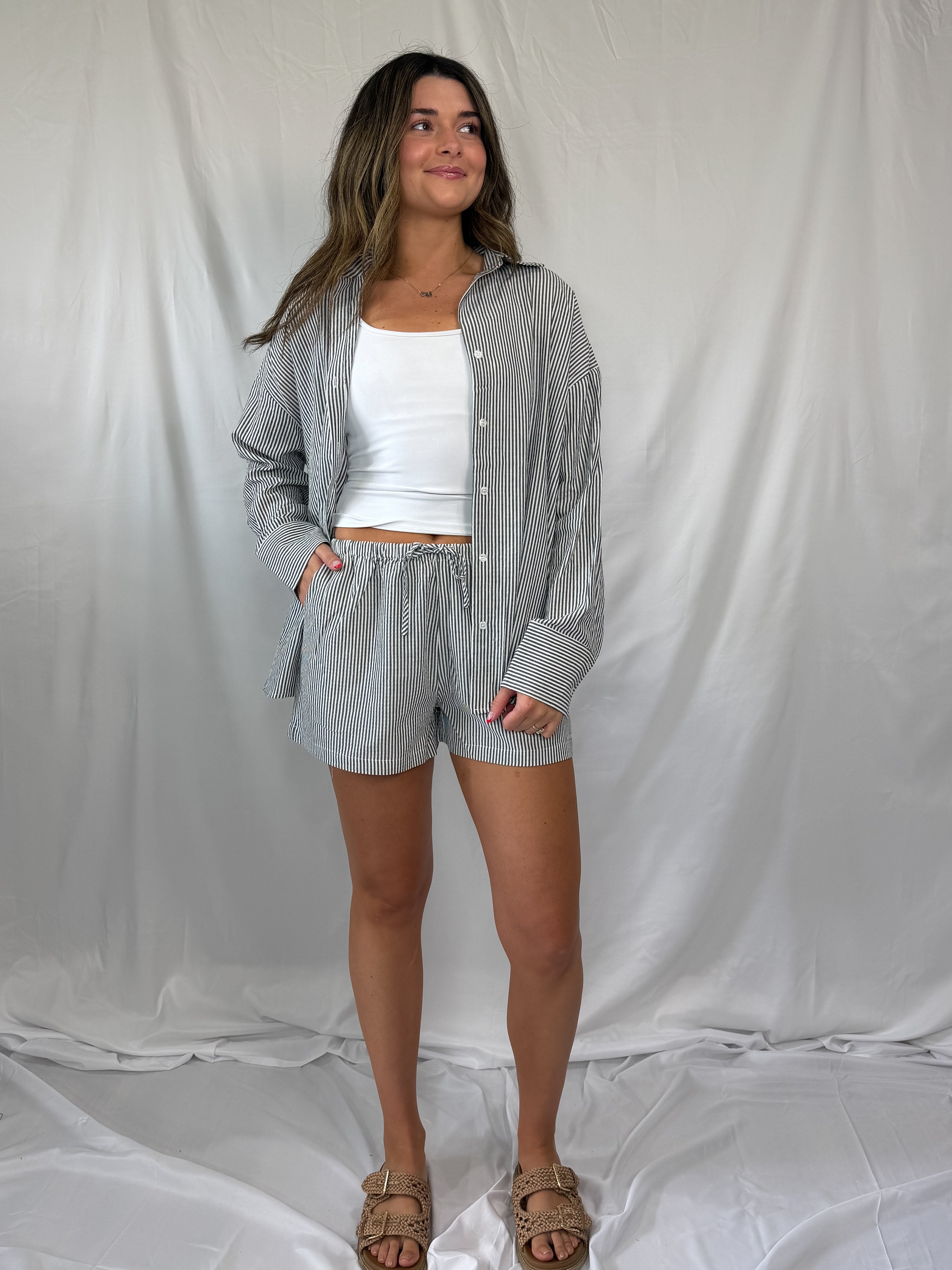 striped linen set - black