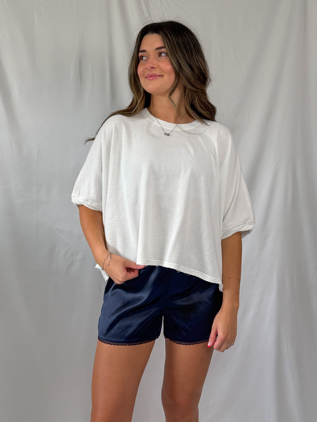 lace trim satin short - navy