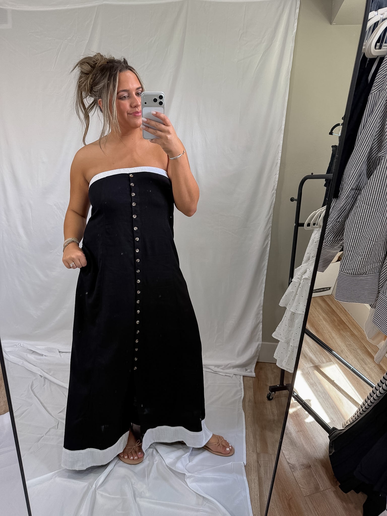 button front strapless maxi dress