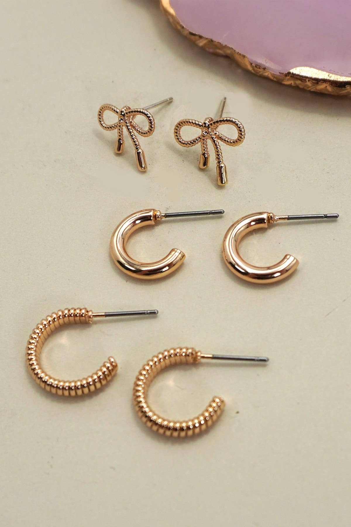 mini bow huggie hoop trio earring pack